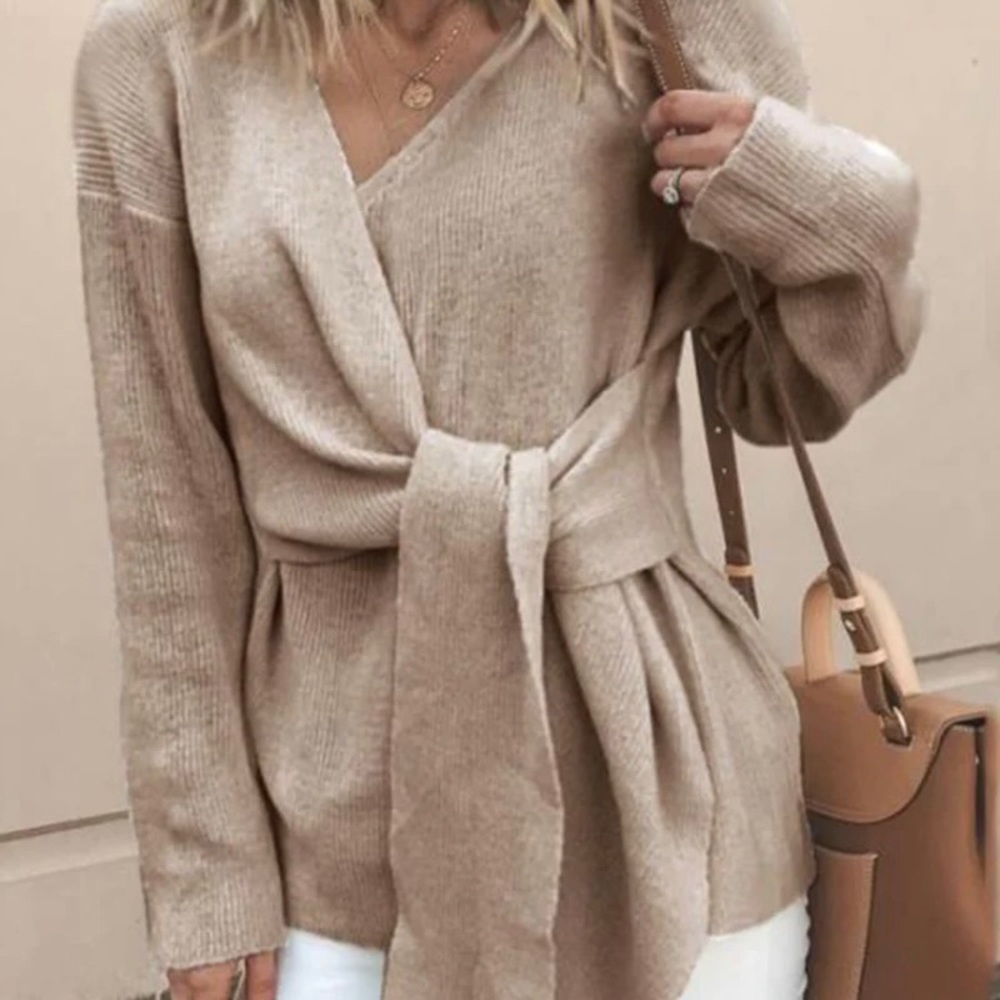 J.O.A. Ribbed Wrap Sweater Beige Small V Neck Soft Cozy Neutral Minimalist